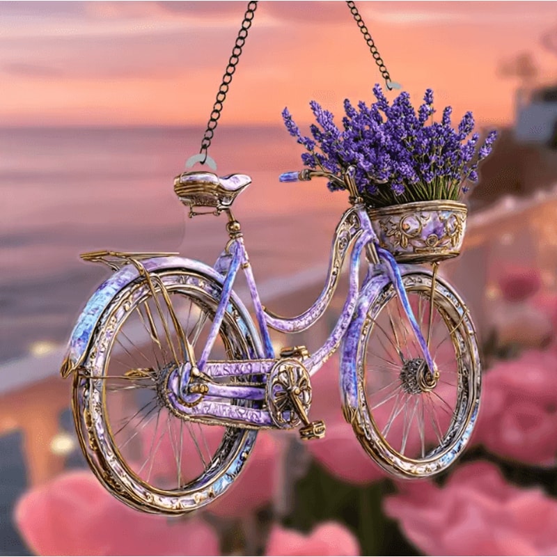 Lavender Bicycle Crystal Suncatcher Floral Window Light Catcher Decor 1