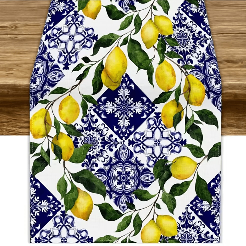 Mediterranean Blue Tile Lemon Linen Table Runner Summer Floral Kitchen Party Decor 0