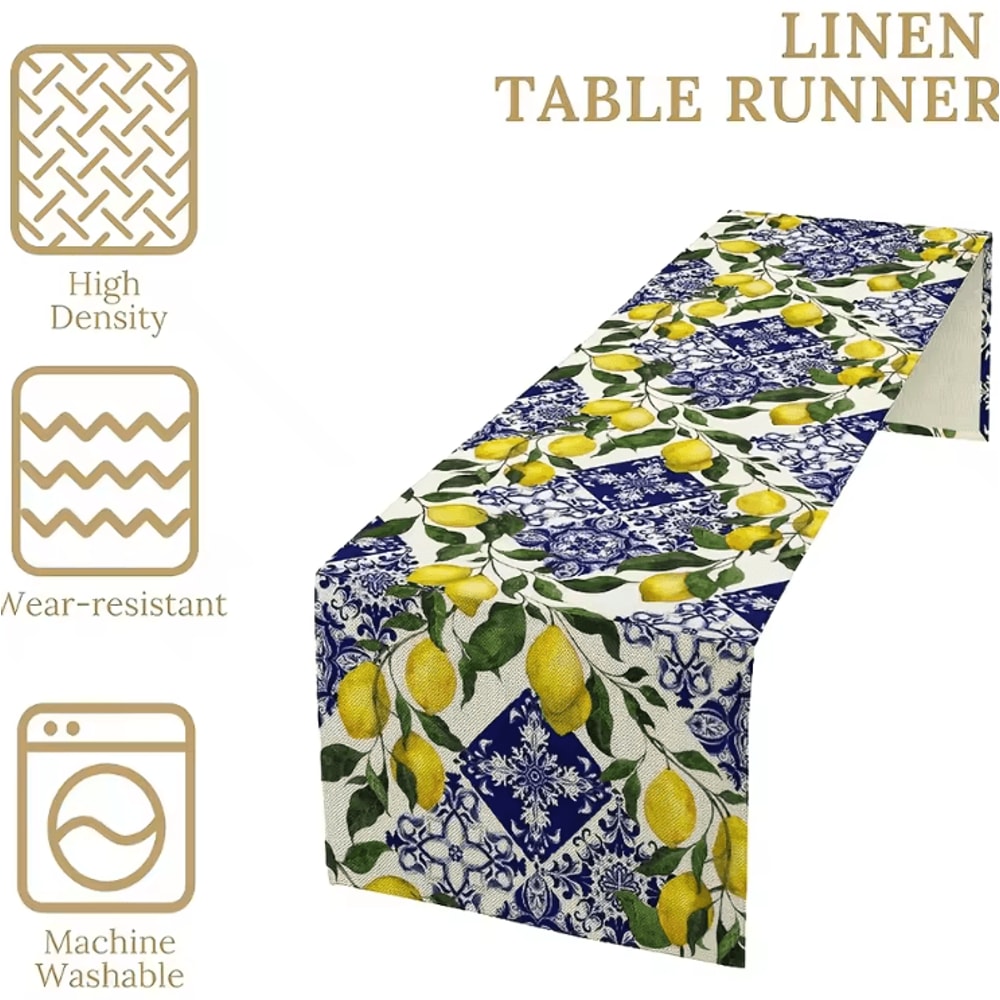 Mediterranean Blue Tile Lemon Linen Table Runner Summer Floral Kitchen Party Decor 3