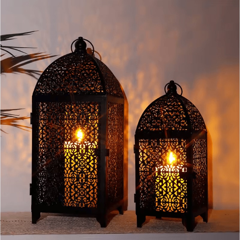 Elegant Black Metal Hanging Candle Lantern Set Hollow Pattern Ambient Decor 0
