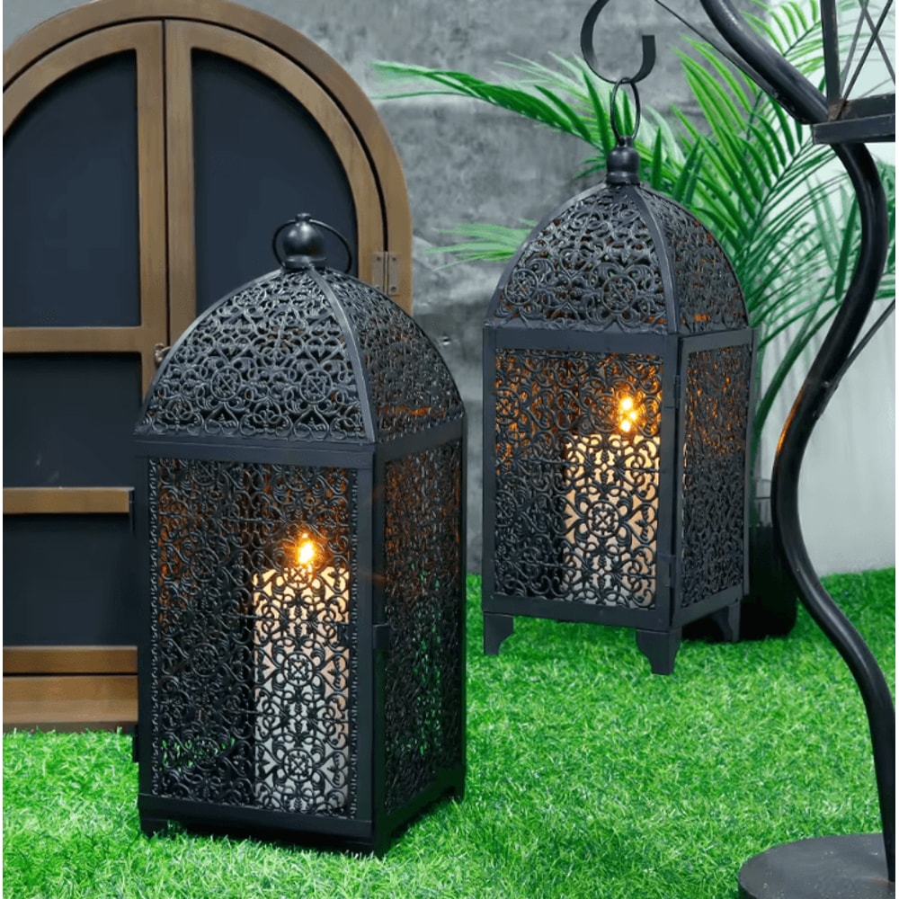 Elegant Black Metal Hanging Candle Lantern Set Hollow Pattern Ambient Decor 2