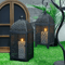 Elegant Black Metal Hanging Candle Lantern Set Hollow Pattern Ambient Decor 2