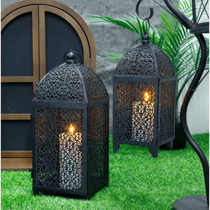 Elegant Black Metal Hanging Candle Lantern Set Hollow Pattern Ambient Decor 2