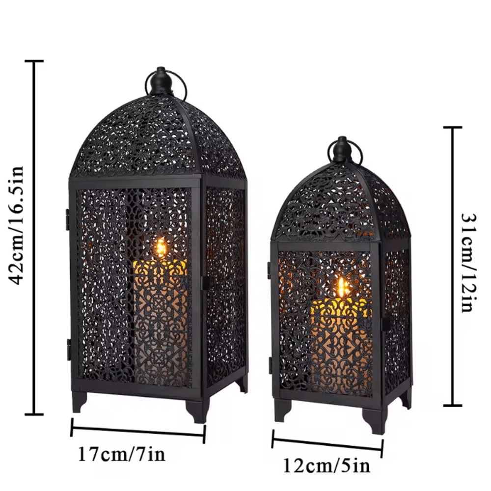 Elegant Black Metal Hanging Candle Lantern Set Hollow Pattern Ambient Decor 3