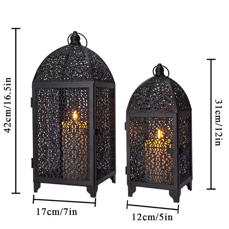 Elegant Black Metal Hanging Candle Lantern Set Hollow Pattern Ambient Decor 3