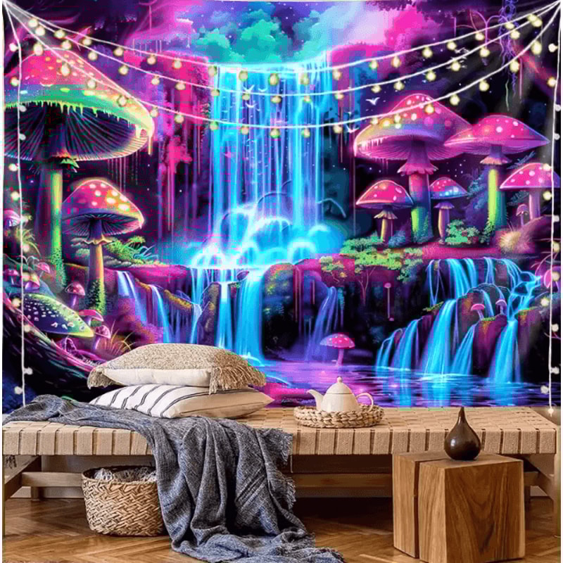 Psychedelic Forest Waterfall Cyberpunk Tapestry Immersive Aesthetic Wall Decor 1