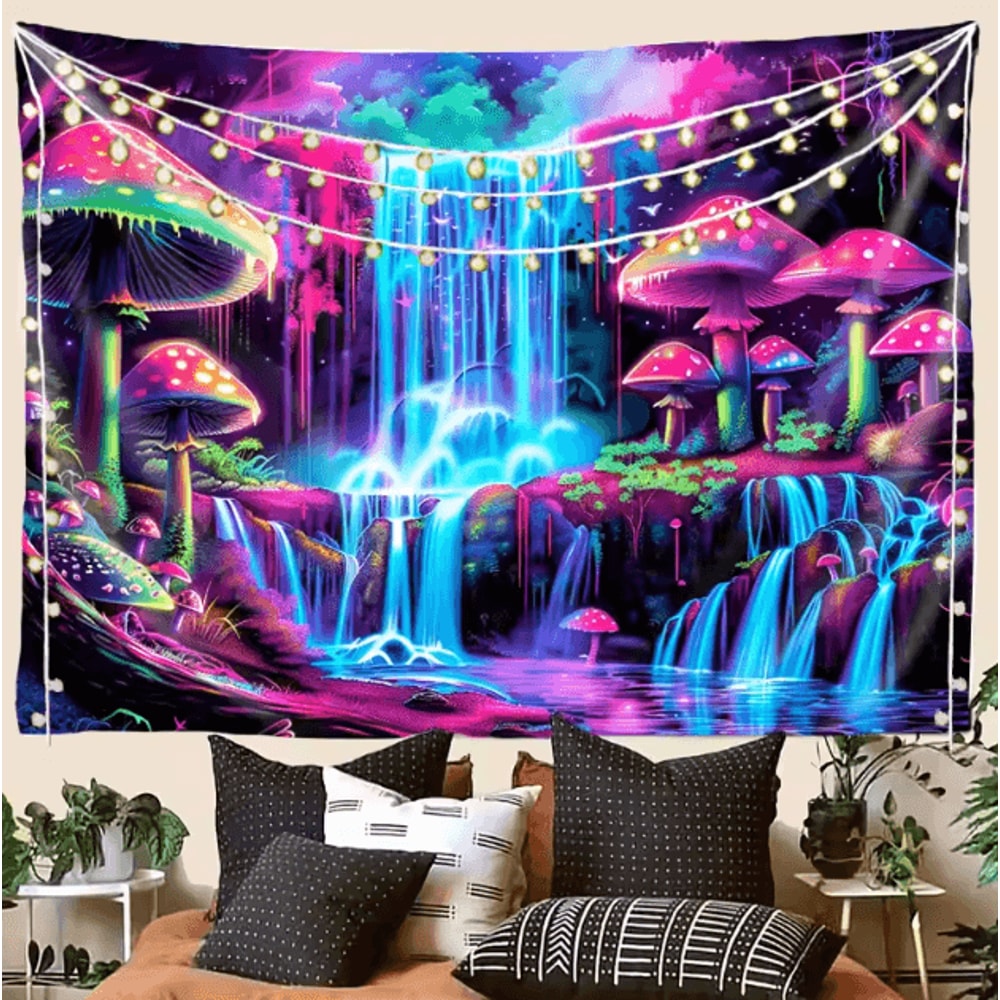 Psychedelic Forest Waterfall Cyberpunk Tapestry Immersive Aesthetic Wall Decor 3