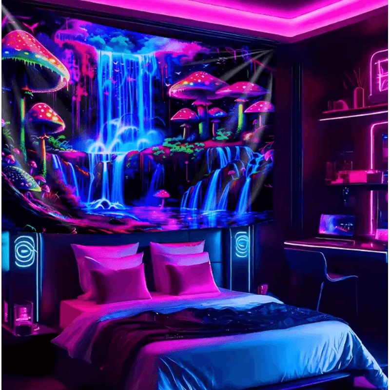 Psychedelic Forest Waterfall Cyberpunk Tapestry Immersive Aesthetic Wall Decor 4