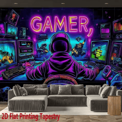 vikama gamer fluorescent cyberpunk tapestry – uv reactive gaming room wall decor