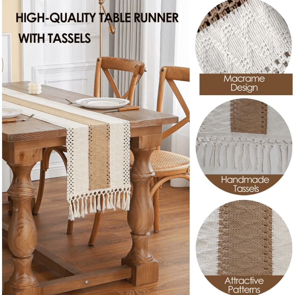 Boho Farmhouse Linen Table Runner With Tassels Rustic Macrame Dining Decor 1