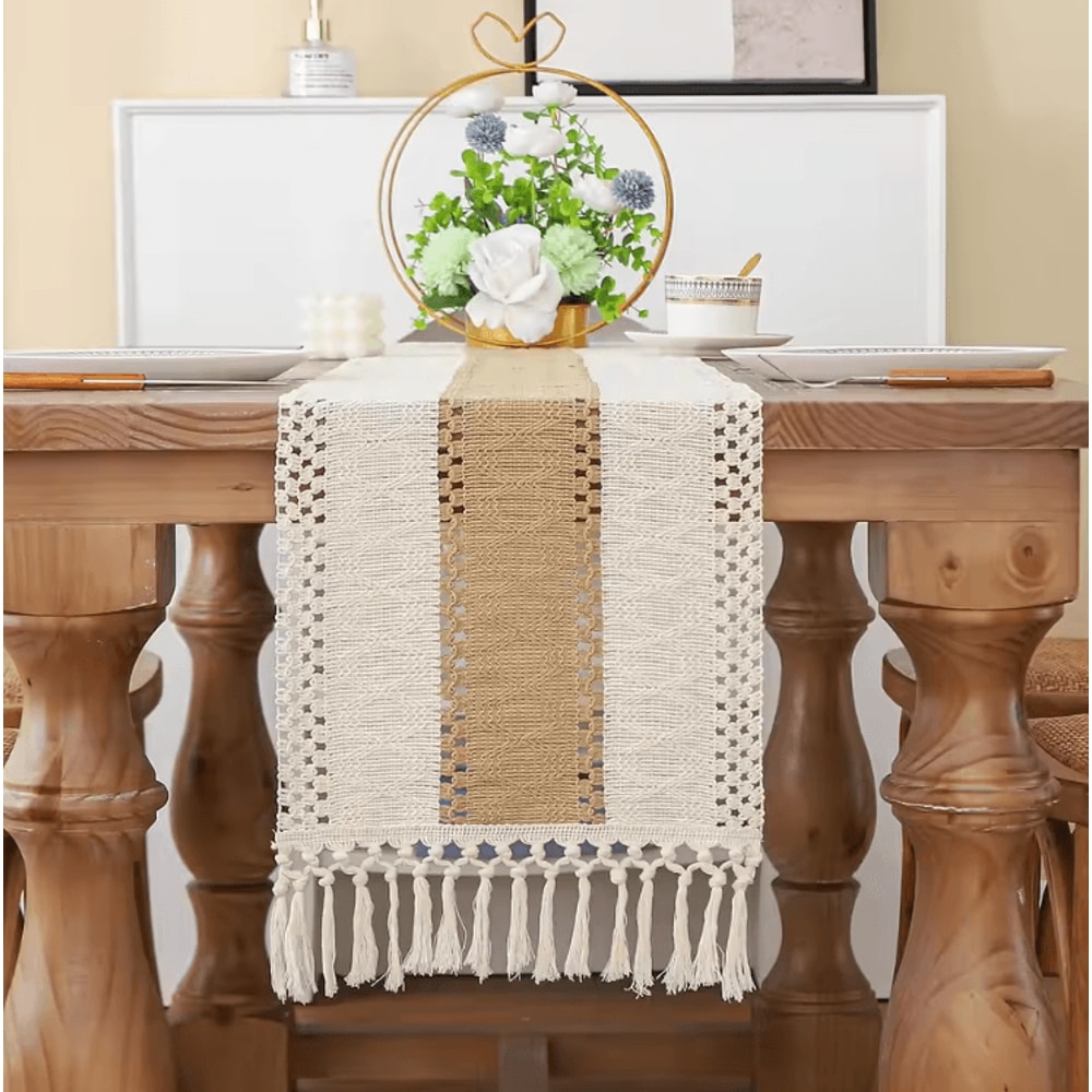 Boho Farmhouse Linen Table Runner With Tassels Rustic Macrame Dining Decor 3