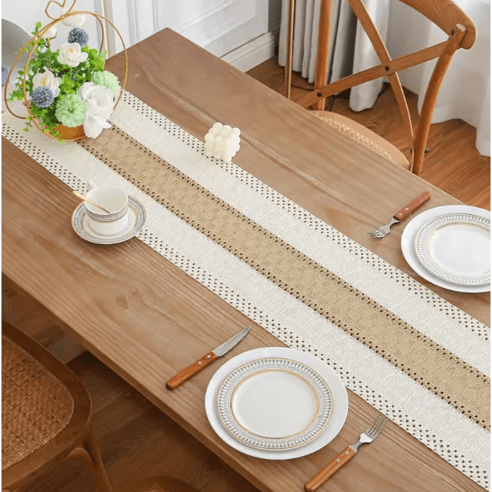 Boho Farmhouse Linen Table Runner With Tassels Rustic Macrame Dining Decor 4