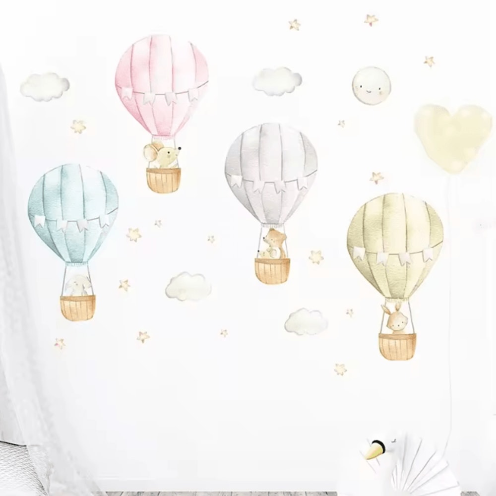 Watercolor Hot Air Balloon Animal Wall Stickers Dreamy Nursery Kids Room Decor 0