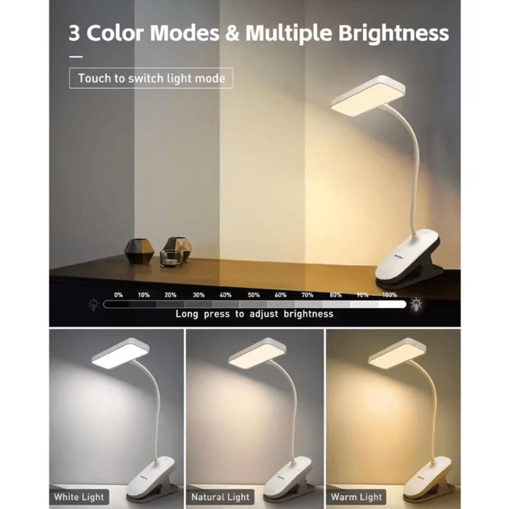 USB Rechargeable ClipOn LED Desk Lamp Flexible Gooseneck EyeCare Reading Light 1