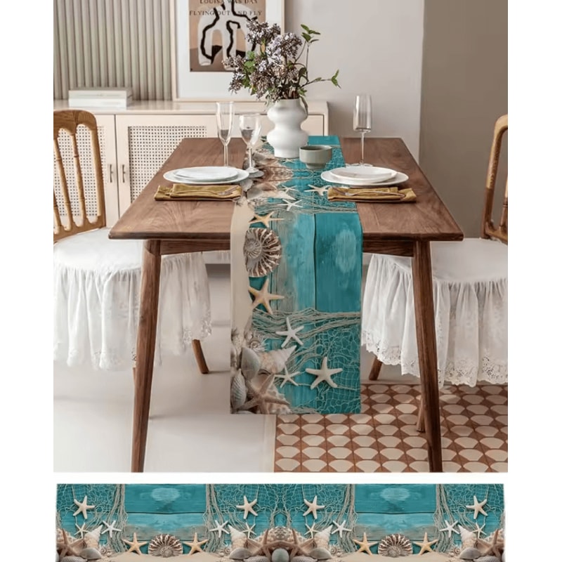 Coastal Starfish Linen Table Runner Blue Ocean Beach Dining Decor 1
