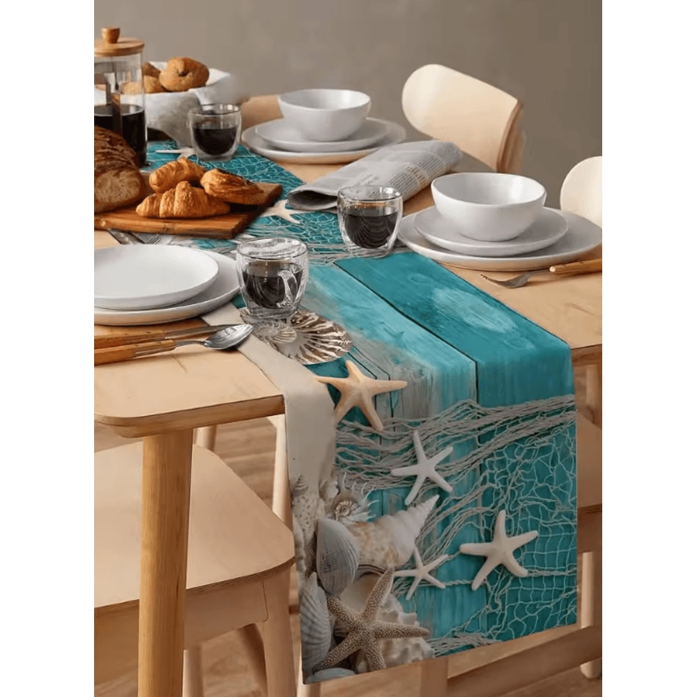 Coastal Starfish Linen Table Runner Blue Ocean Beach Dining Decor 4