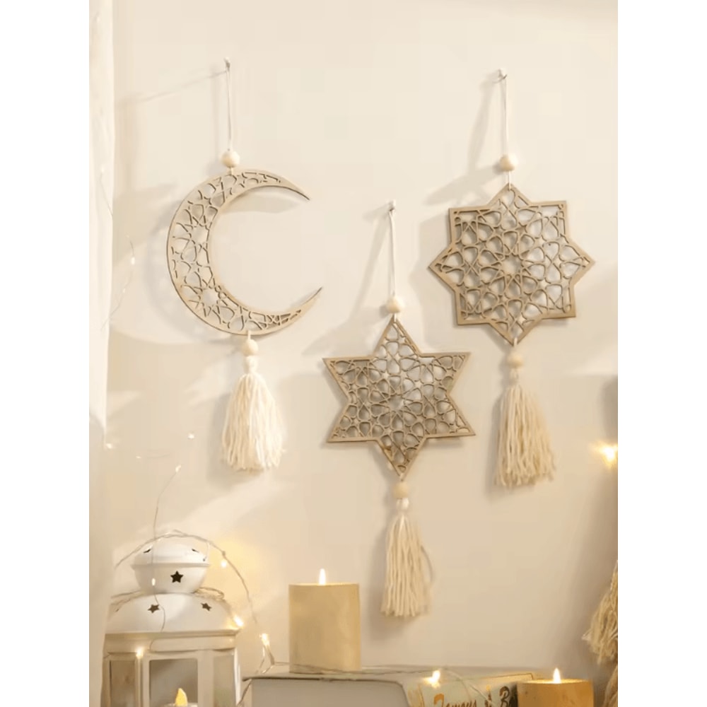 Ramadan Moon Tassel Wooden Hanging Ornament Eid Mubarak Home Decor 0