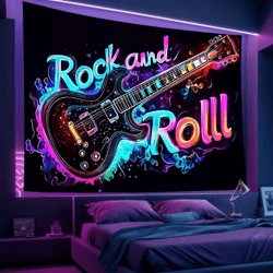 neon rock guitar tapestry – uv reactive music wall art for bedroom & studio decor