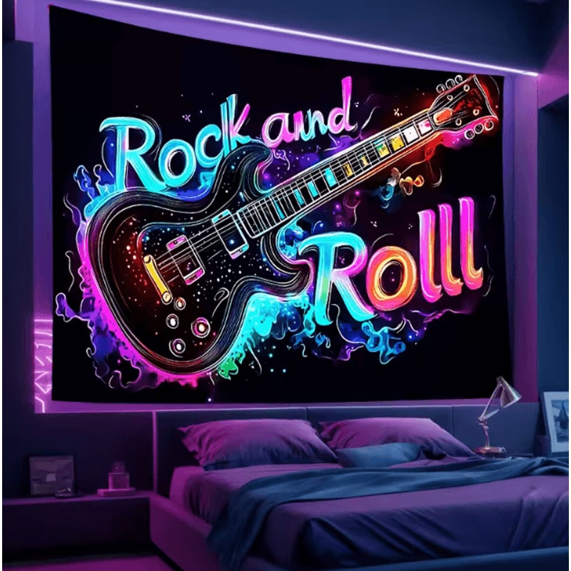 Neon Rock Guitar Tapestry UV Reactive Music Wall Art For Bedroom Studio Decor 0