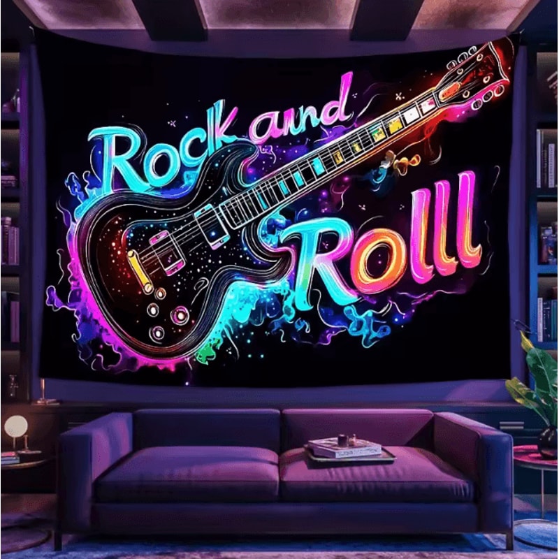 Neon Rock Guitar Tapestry UV Reactive Music Wall Art For Bedroom Studio Decor 1