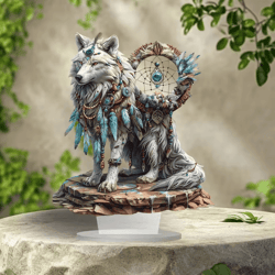 white wolf dreamcatcher acrylic desk decor – boho chic spiritual tabletop art