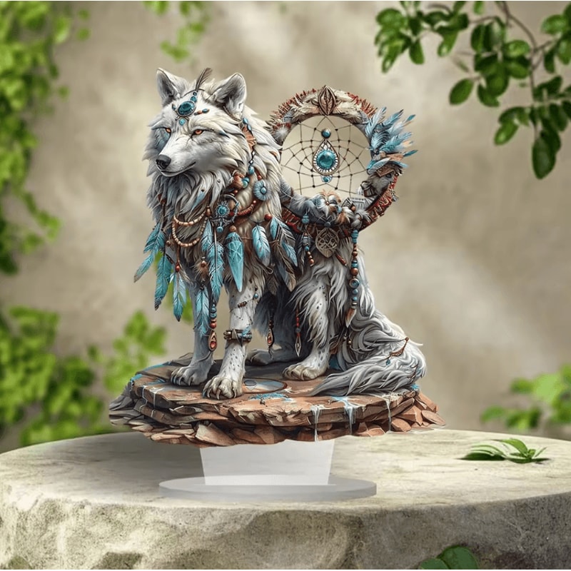 White Wolf Dreamcatcher Acrylic Desk Decor Boho Chic Spiritual Tabletop Art 0