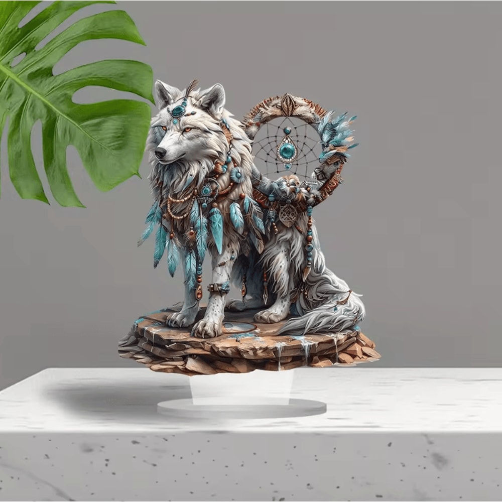 White Wolf Dreamcatcher Acrylic Desk Decor Boho Chic Spiritual Tabletop Art 2