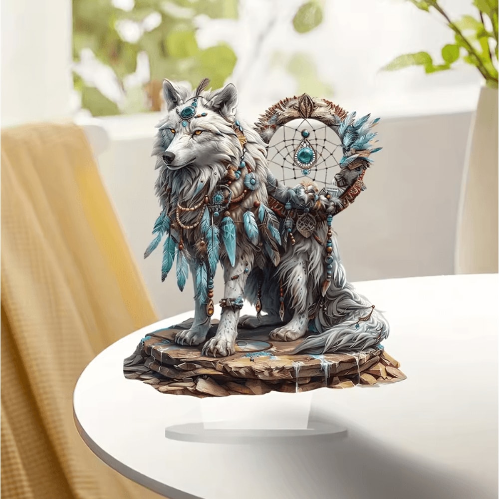 White Wolf Dreamcatcher Acrylic Desk Decor Boho Chic Spiritual Tabletop Art 3