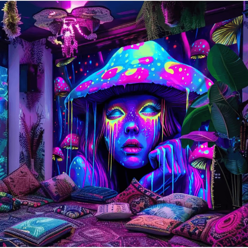 Psychedelic Mushroom Girl Blacklight Tapestry UV Reactive Neon Wall Art For Bedroom Gaming Decor 0