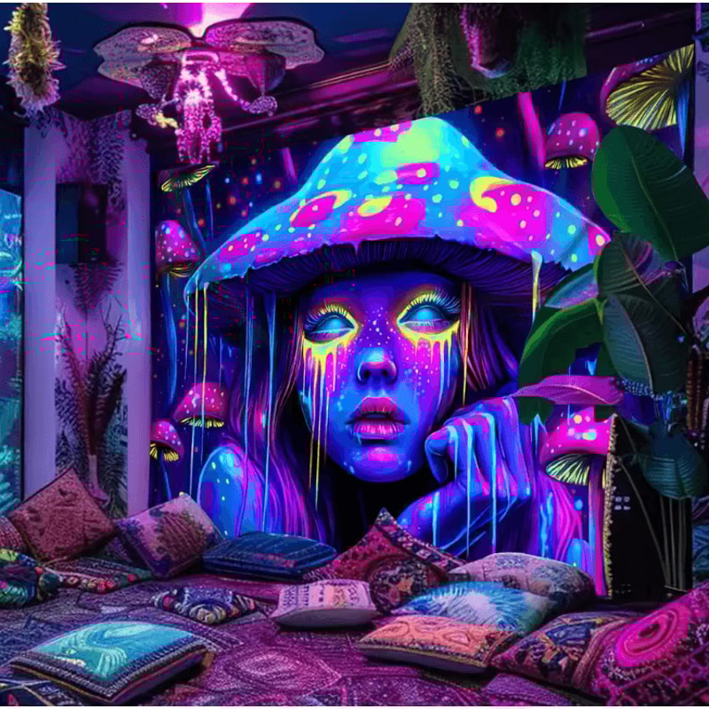 Psychedelic Mushroom Girl Blacklight Tapestry UV Reactive Neon Wall Art For Bedroom Gaming Decor 0