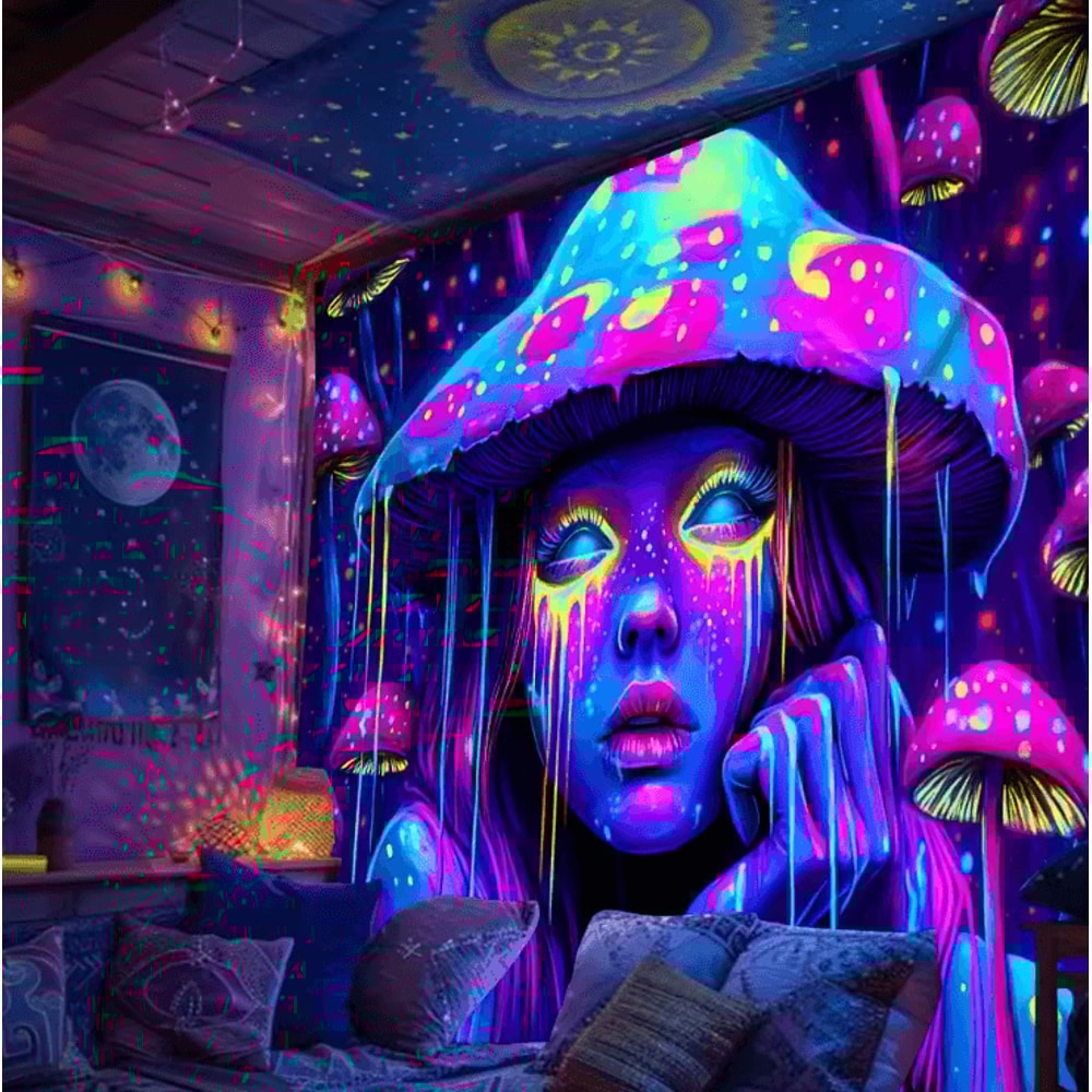 Psychedelic Mushroom Girl Blacklight Tapestry UV Reactive Neon Wall Art For Bedroom Gaming Decor 1