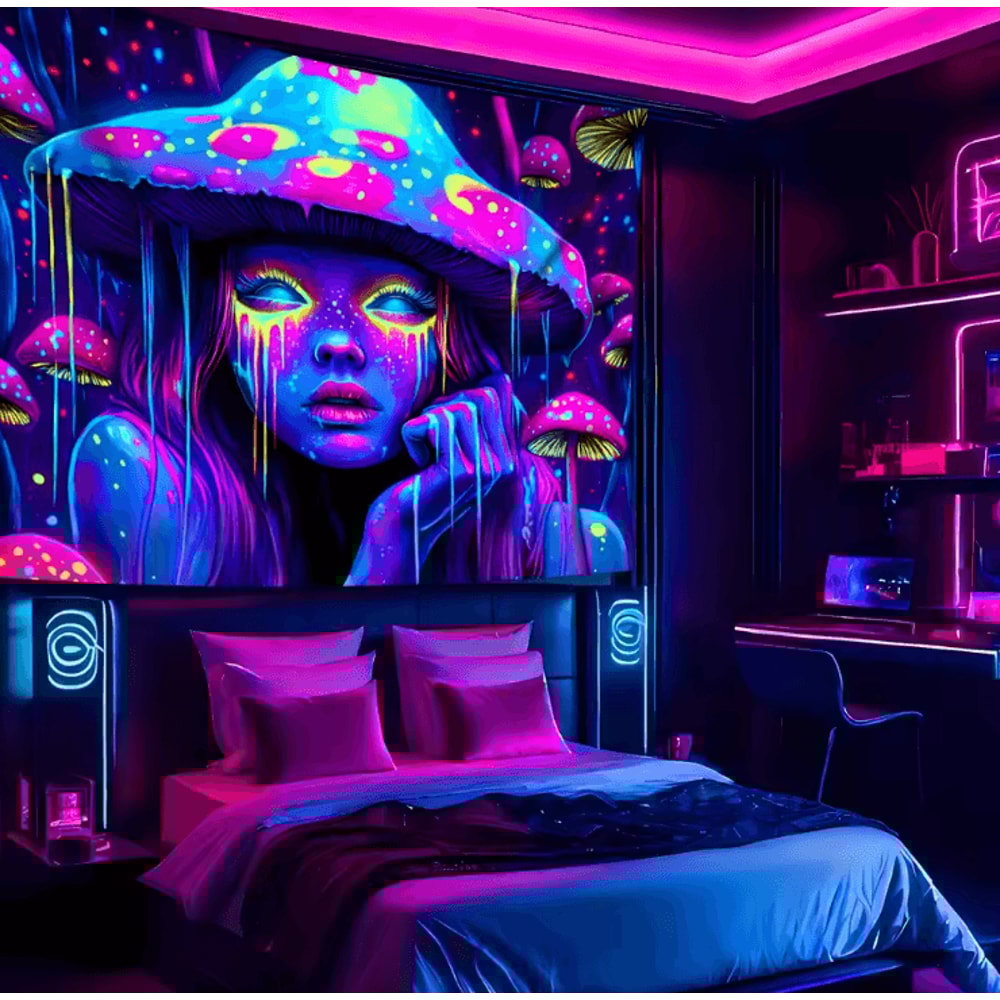 Psychedelic Mushroom Girl Blacklight Tapestry UV Reactive Neon Wall Art For Bedroom Gaming Decor 2