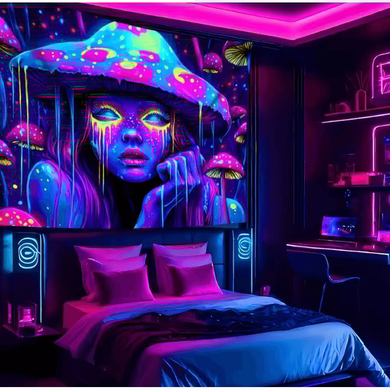 Psychedelic Mushroom Girl Blacklight Tapestry UV Reactive Neon Wall Art For Bedroom Gaming Decor 2