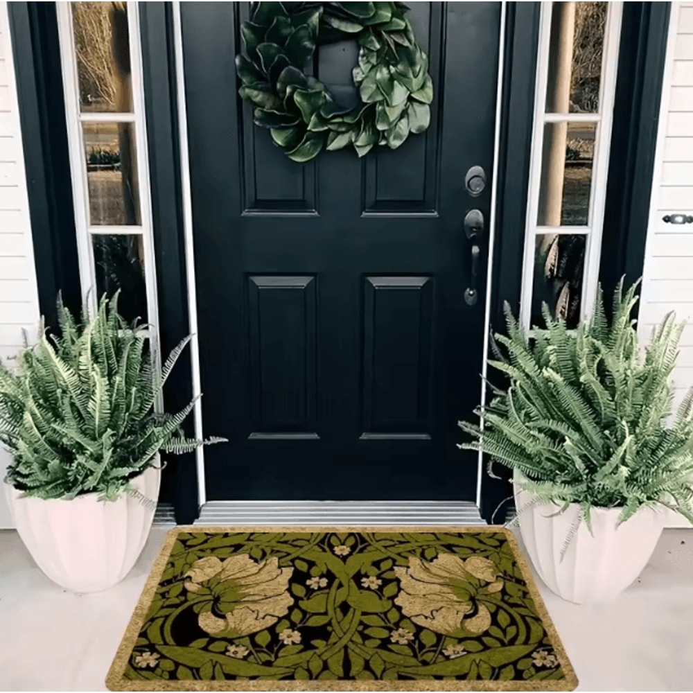 Green Floral Welcome Doormat Washable Indoor PlantThemed Entry Rug 1