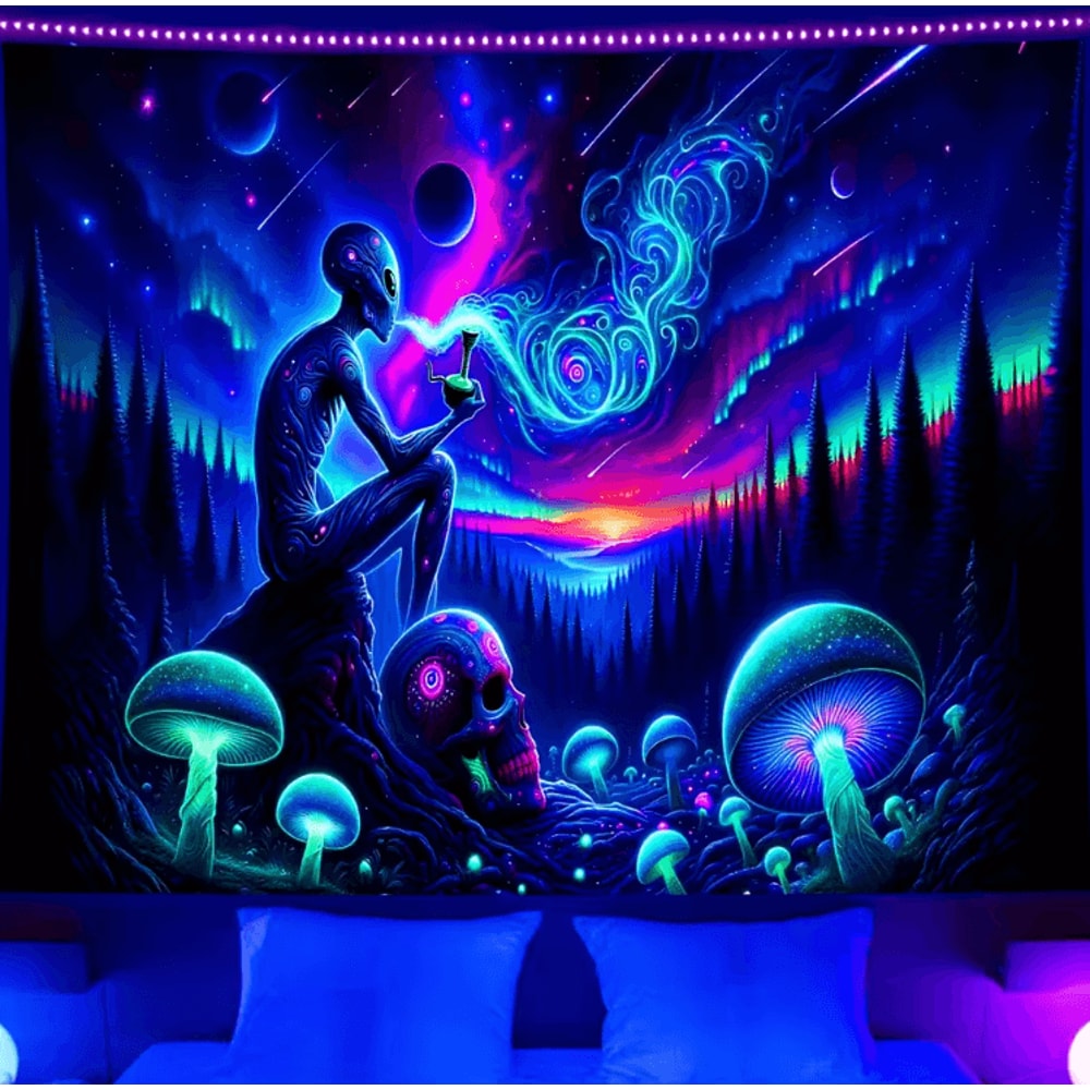 Aurora Borealis Alien Forest Tapestry UV Reactive Boho Wall Art For Bedroom Gaming Room 0