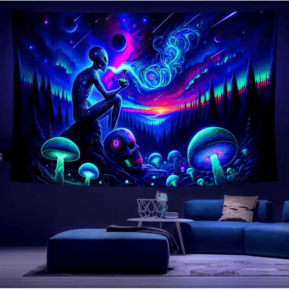 Aurora Borealis Alien Forest Tapestry UV Reactive Boho Wall Art For Bedroom Gaming Room 2