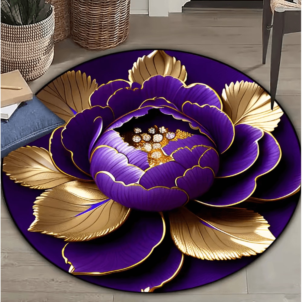 Purple Gold Peony Round Rug Washable Floral Carpet For Elegant Home Decor 2