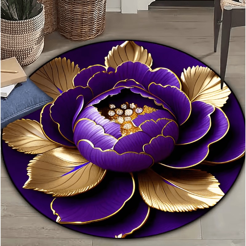 Purple Gold Peony Round Rug Washable Floral Carpet For Elegant Home Decor 2