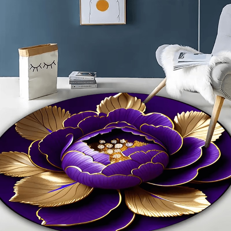 Purple Gold Peony Round Rug Washable Floral Carpet For Elegant Home Decor 4