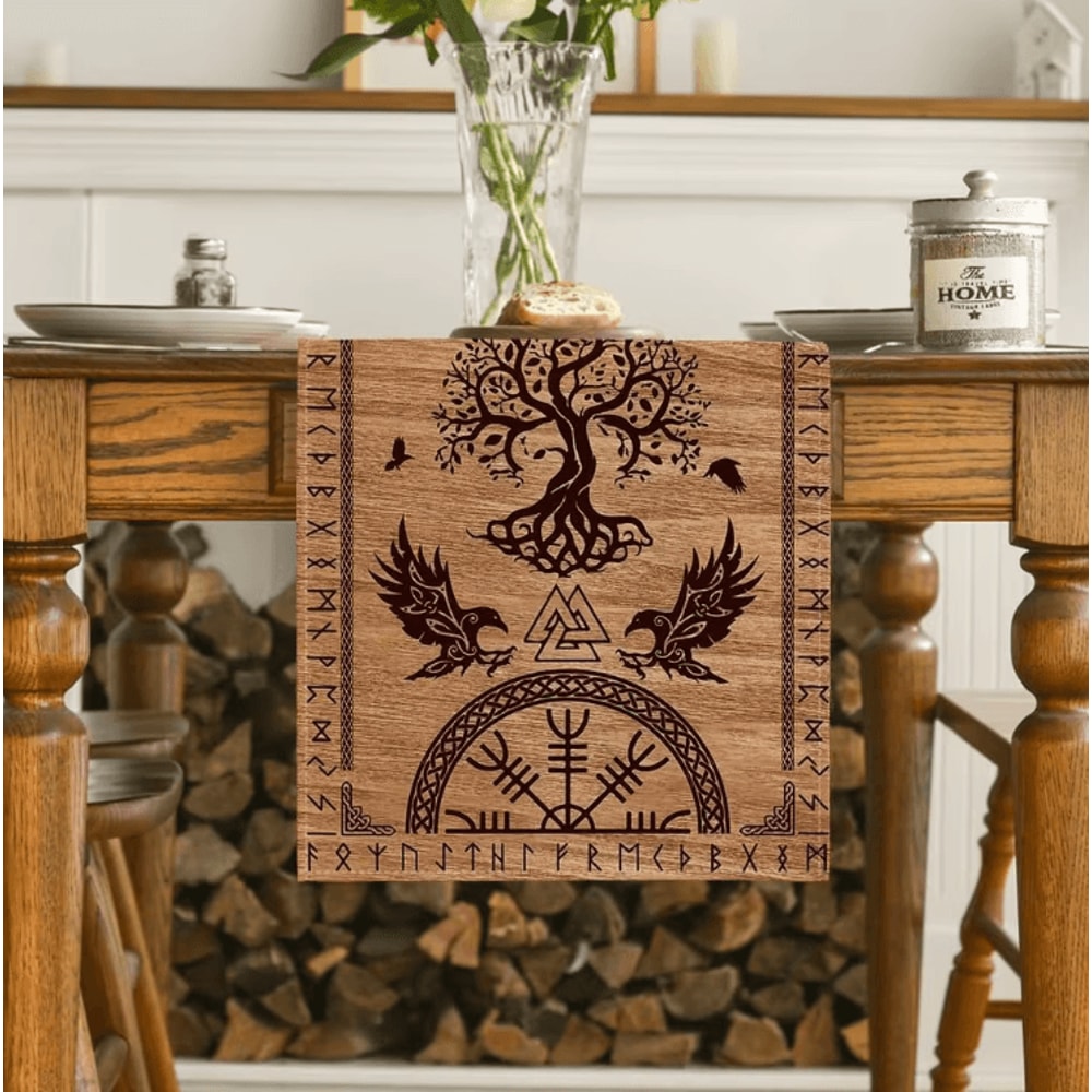 Vintage Viking Raven Table Runner Norse Linen Dining Decor With Helm Of Awe Design 0