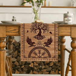 vintage viking raven table runner – norse linen dining decor with helm of awe design