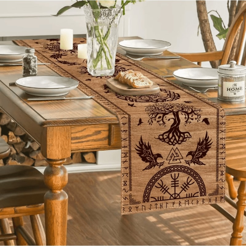 Vintage Viking Raven Table Runner Norse Linen Dining Decor With Helm Of Awe Design 2