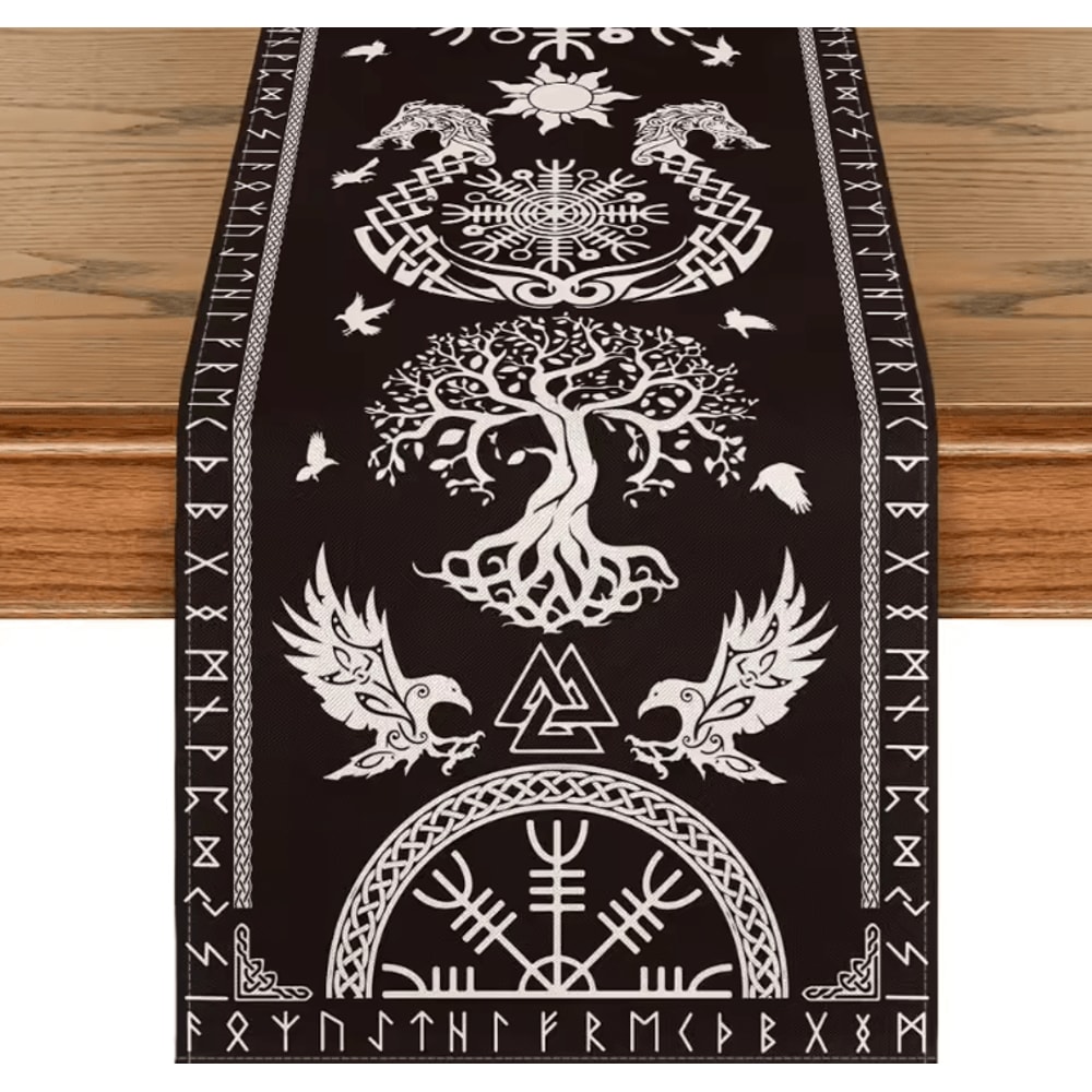 Vintage Viking Raven Table Runner Norse Linen Dining Decor With Helm Of Awe Design 3