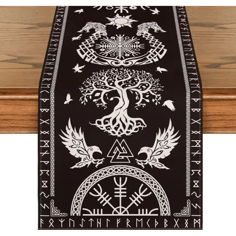 Vintage Viking Raven Table Runner Norse Linen Dining Decor With Helm Of Awe Design 3