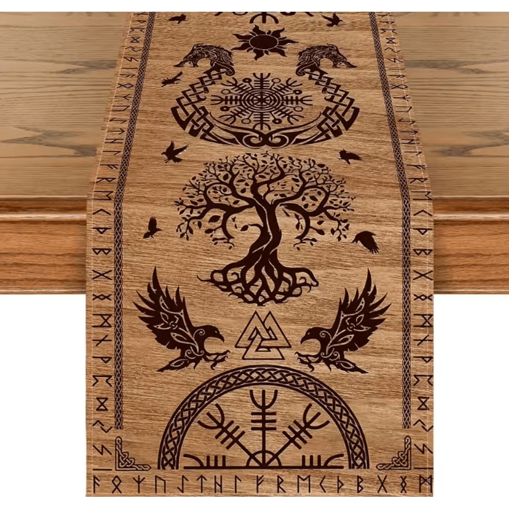 Vintage Viking Raven Table Runner Norse Linen Dining Decor With Helm Of Awe Design 5