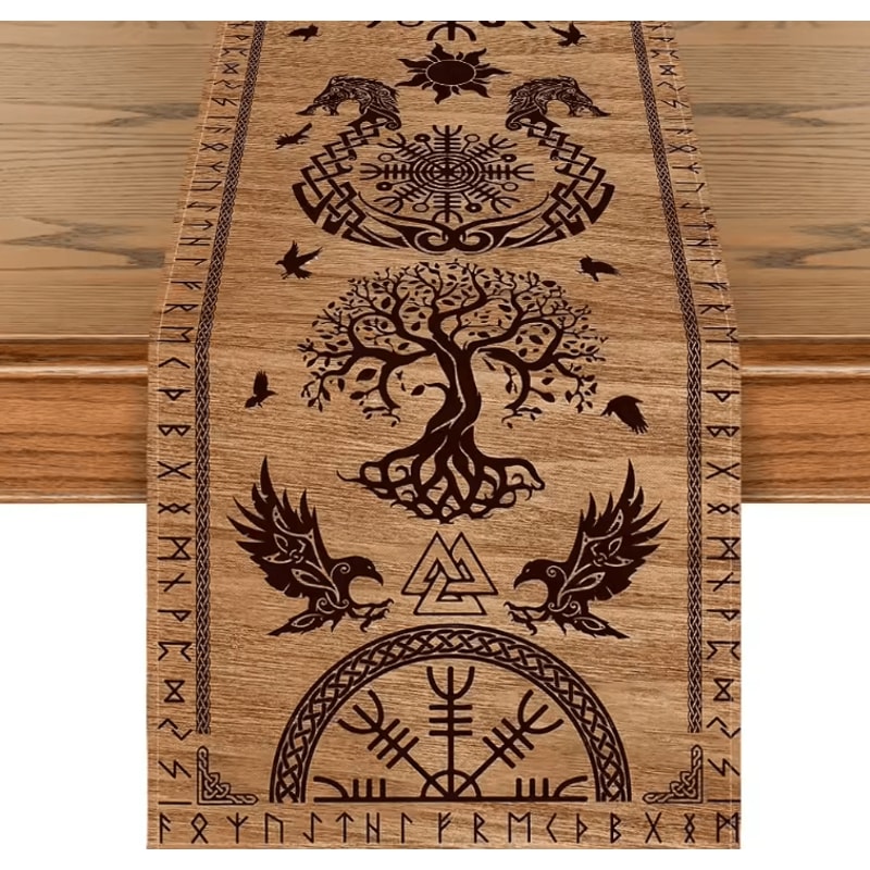 Vintage Viking Raven Table Runner Norse Linen Dining Decor With Helm Of Awe Design 5