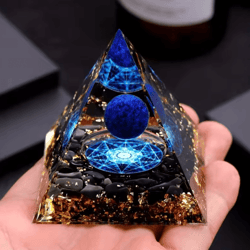 elegant lapis lazuli crystal ball & pyramid set – blue geometric home decor with gold base