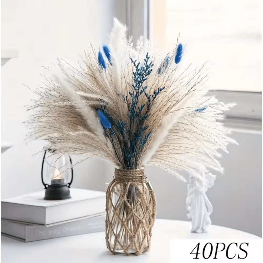Blue Bunny Tail Pampas Grass Bouquet 70 Stems Fluffy Dried Flowers For Boho Home Decor 1