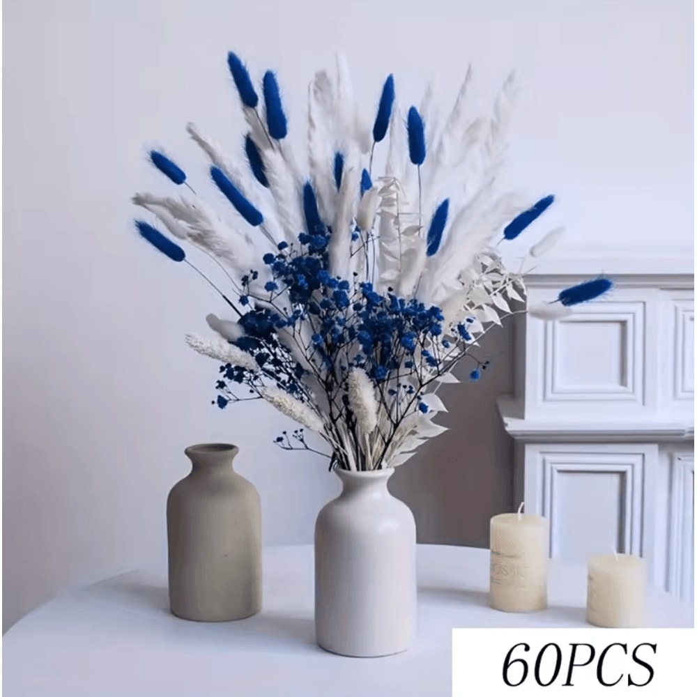 Blue Bunny Tail Pampas Grass Bouquet 70 Stems Fluffy Dried Flowers For Boho Home Decor 5