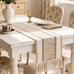 nordic boho striped green table runner – handwoven tassel linen for rustic & modern homes